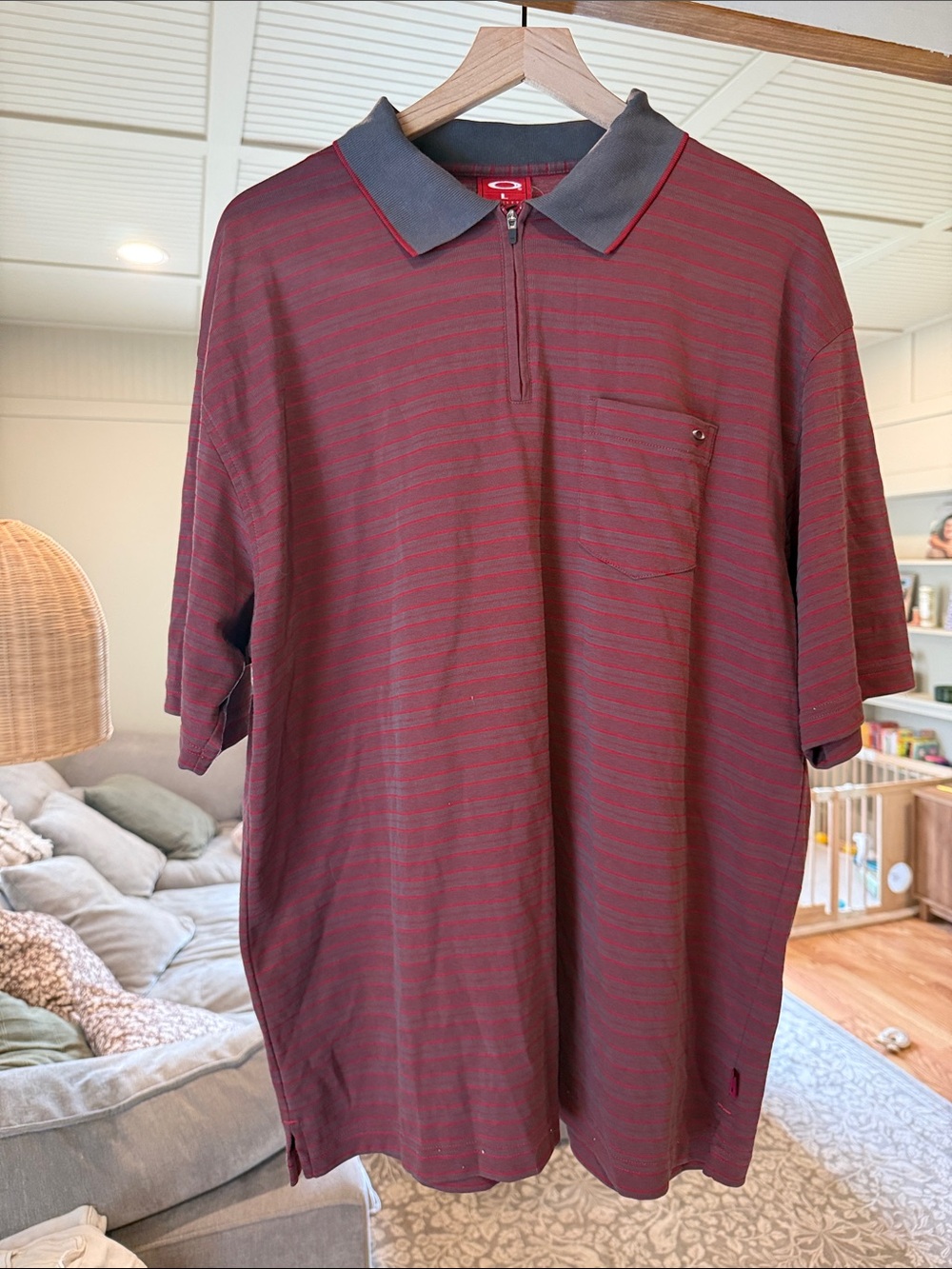Oakley Men's Burgundy Striped Zip Polo with Dark Gray Collar